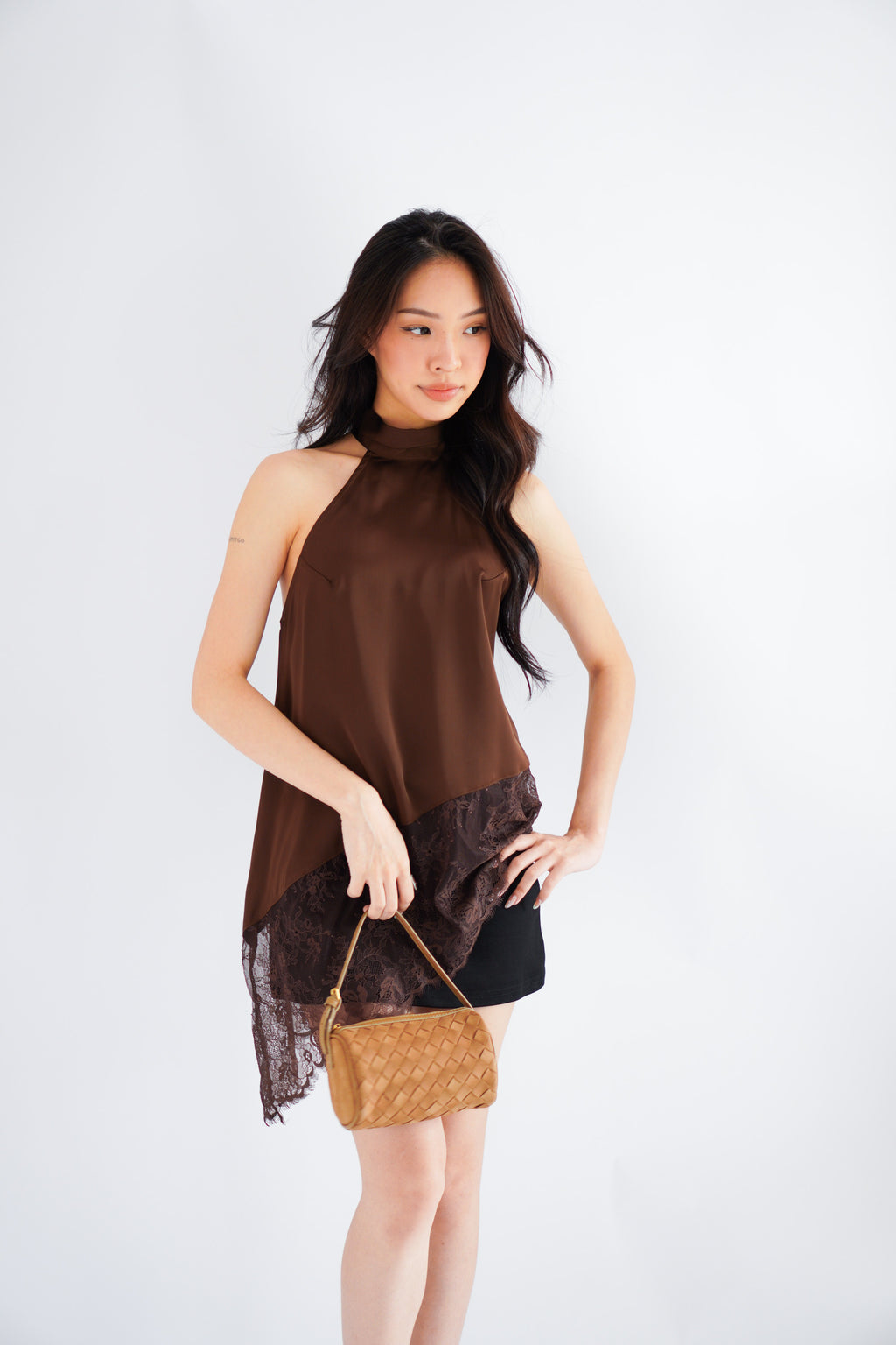(BACKORDER) Gloria Halter Neck Lace Satin Top in Brown