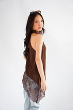 (BACKORDER) Gloria Halter Neck Lace Satin Top in Brown