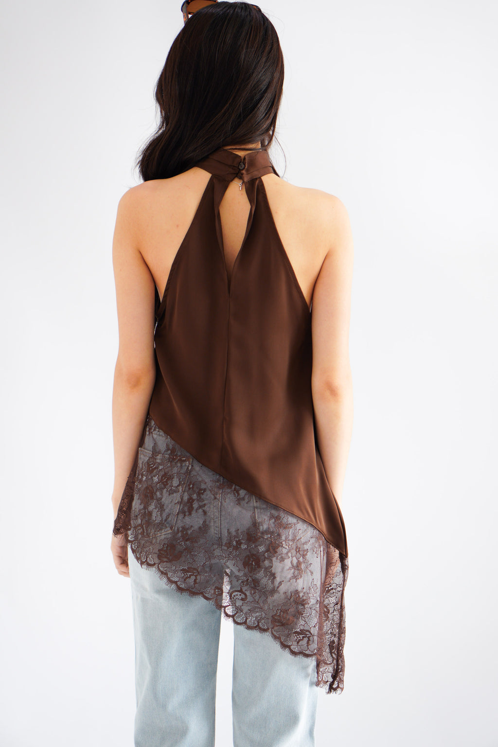 (BACKORDER) Gloria Halter Neck Lace Satin Top in Brown