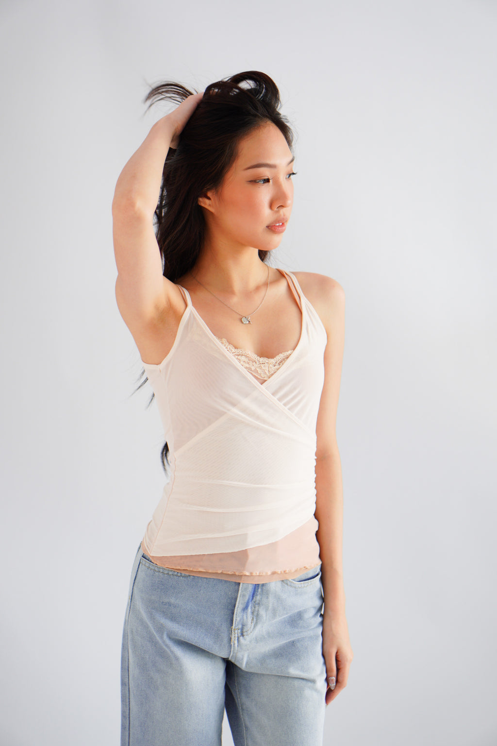 Cam Faux 2 Layer Mesh Lace Camisole Top in Nude