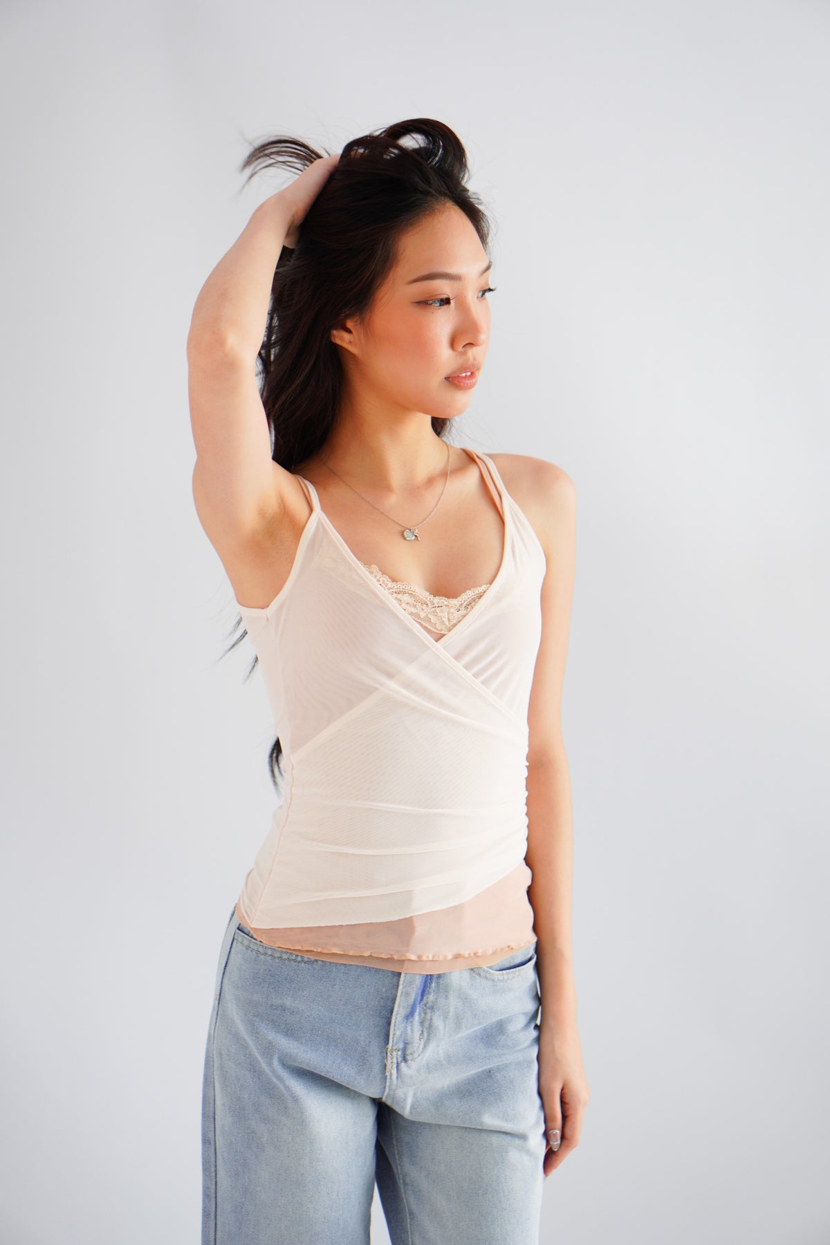 Cam Faux 2 Layer Mesh Lace Camisole Top in Nude