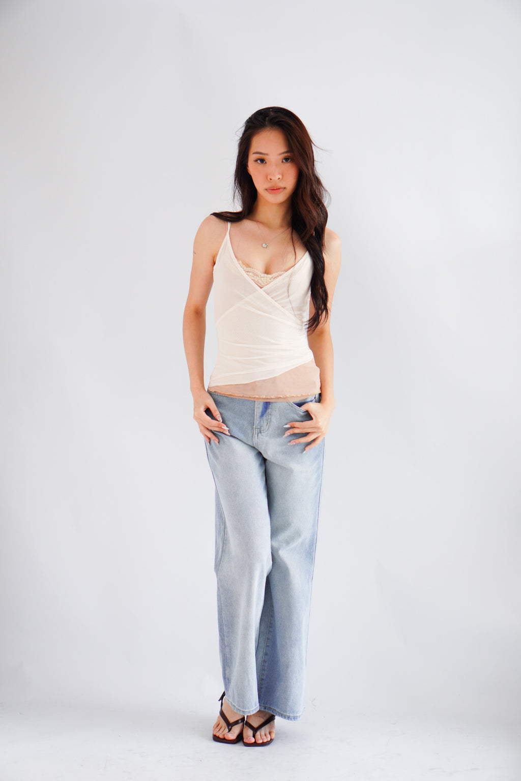 Cam Faux 2 Layer Mesh Lace Camisole Top in Nude
