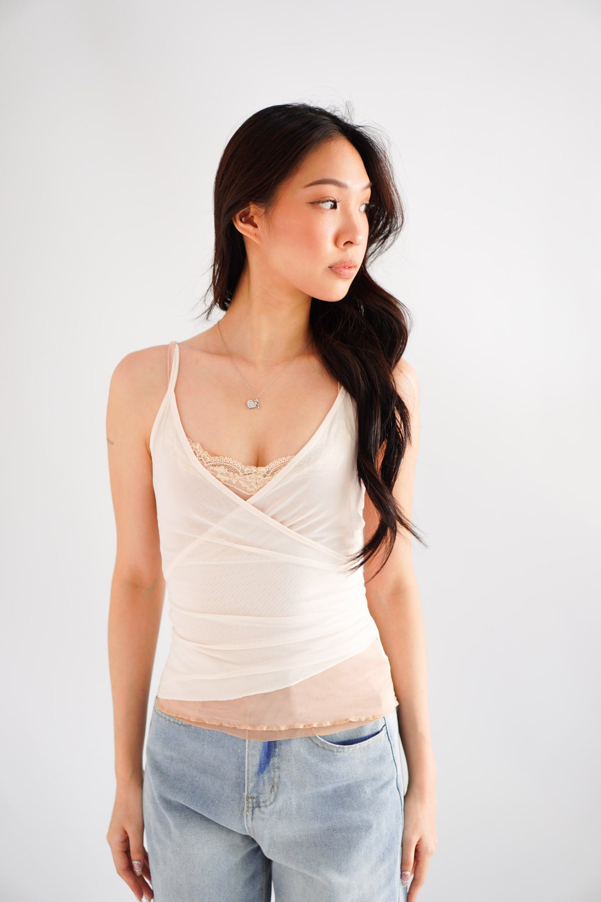Cam Faux 2 Layer Mesh Lace Camisole Top in Nude