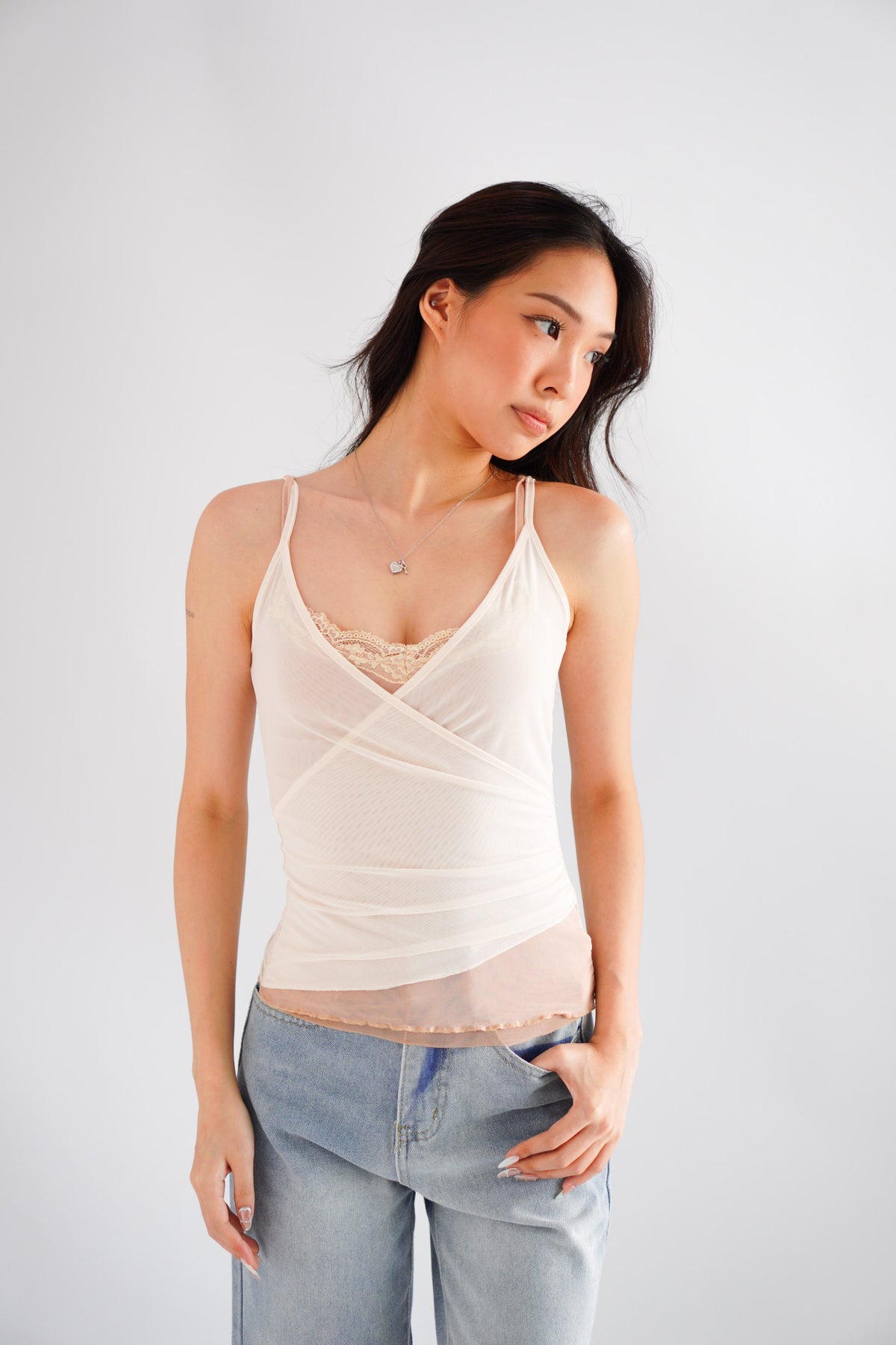 Cam Faux 2 Layer Mesh Lace Camisole Top in Nude