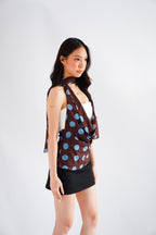 Dimika Polkadot Cowl Neck Choker Top in Brown and Blue
