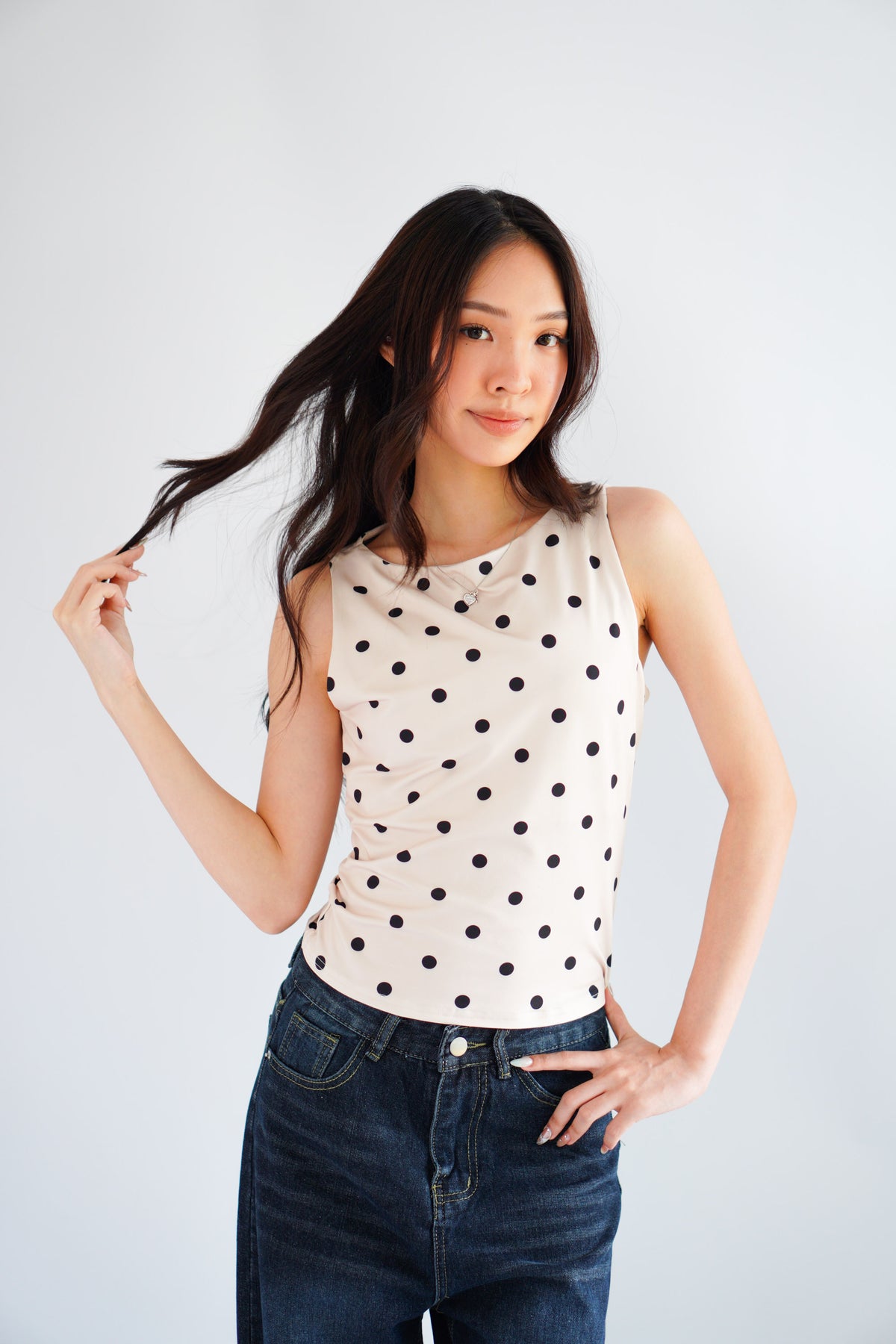 Kolene Polkadot Boat Neck Top in Beige