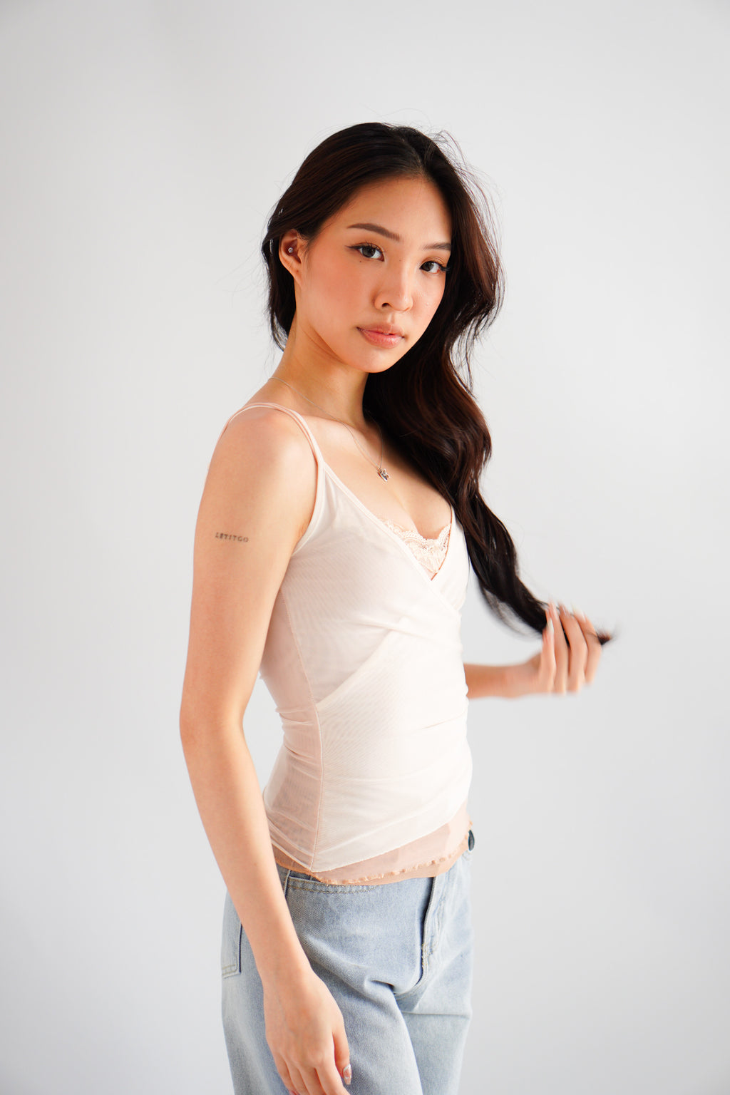 Cam Faux 2 Layer Mesh Lace Camisole Top in Nude