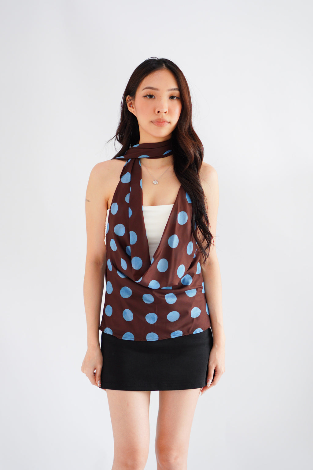 Dimika Polkadot Cowl Neck Choker Top in Brown and Blue