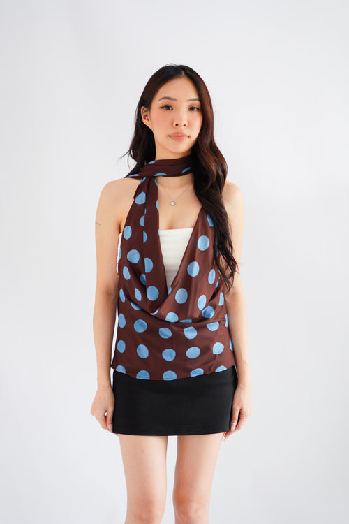 Dimika Polkadot Cowl Neck Choker Top in Brown and Blue