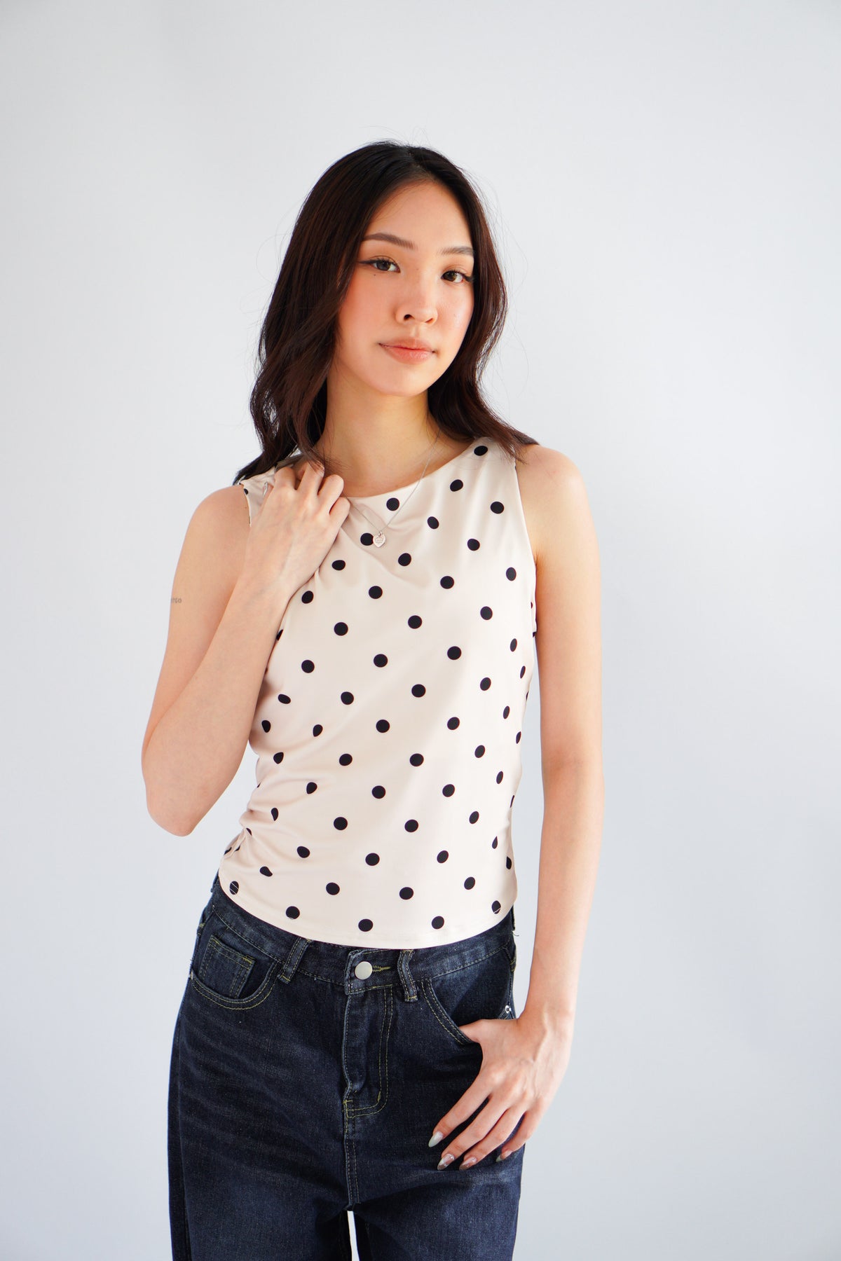 Kolene Polkadot Boat Neck Top in Beige