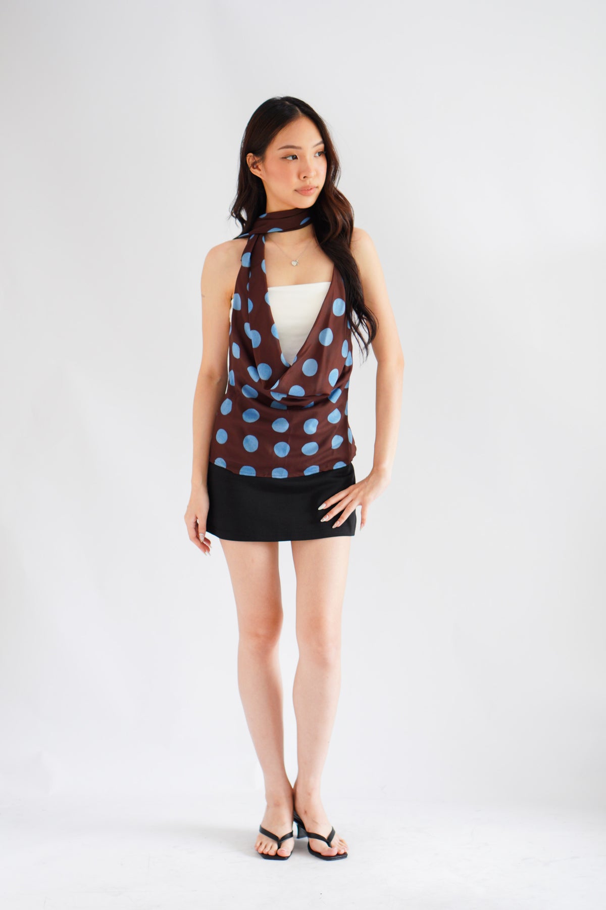 Dimika Polkadot Cowl Neck Choker Top in Brown and Blue