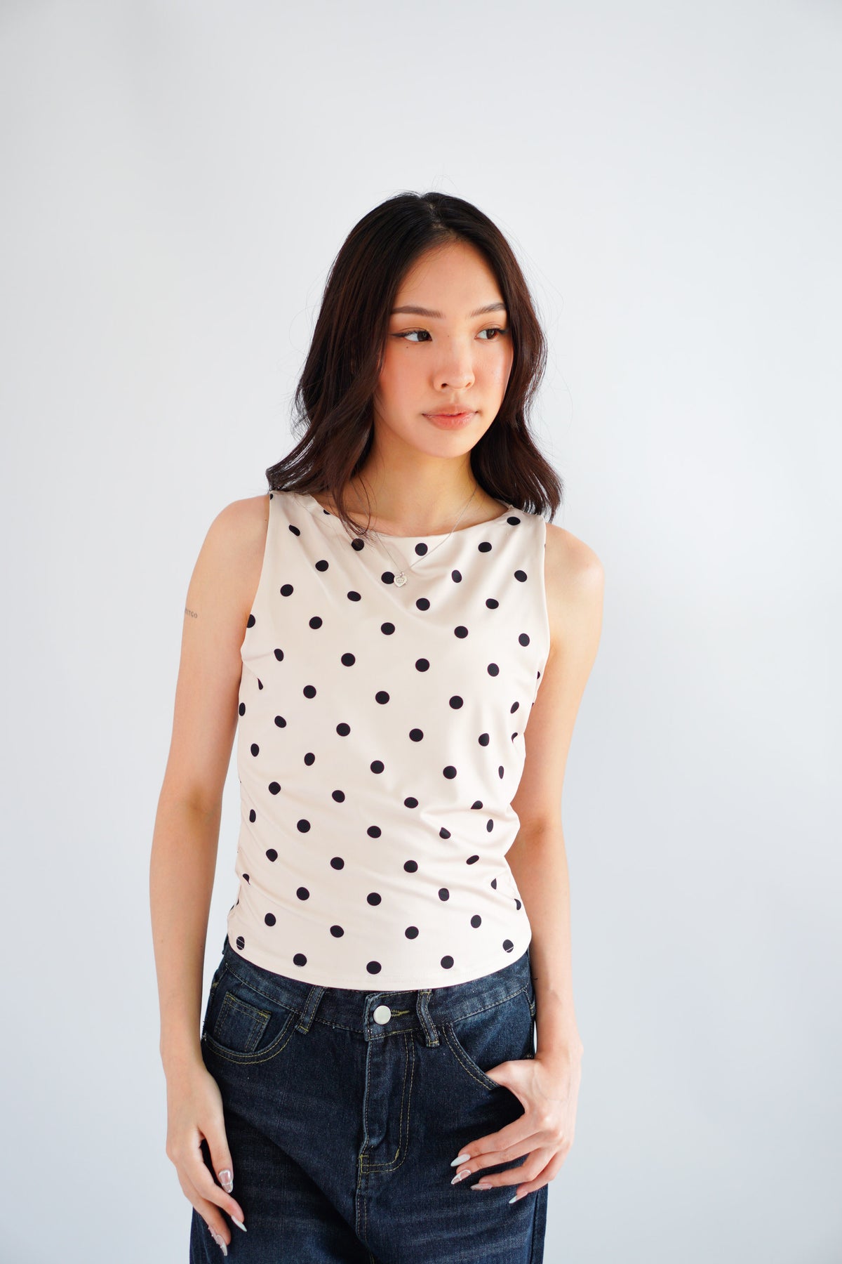 Kolene Polkadot Boat Neck Top in Beige