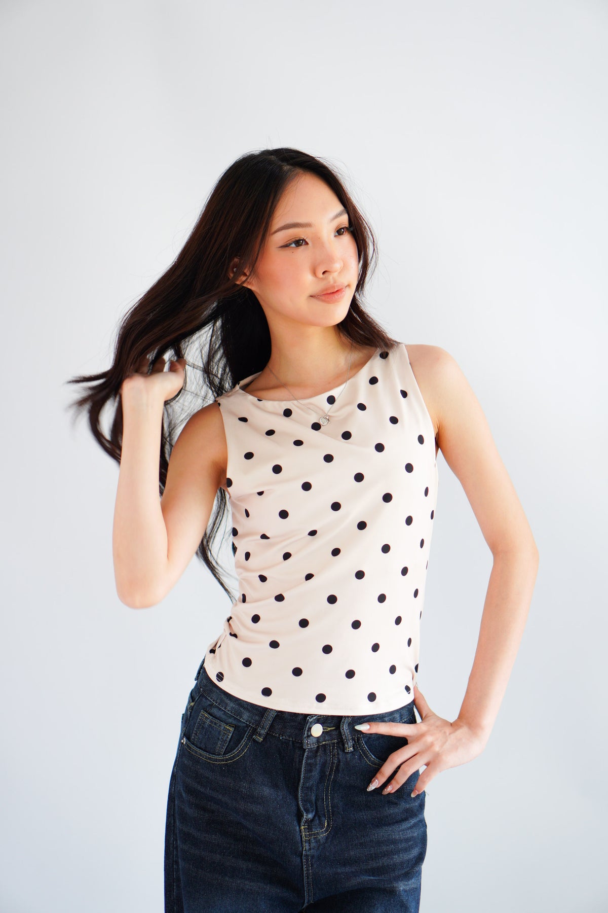 Kolene Polkadot Boat Neck Top in Beige