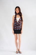 Dimika Polkadot Cowl Neck Choker Top in Brown and Blue