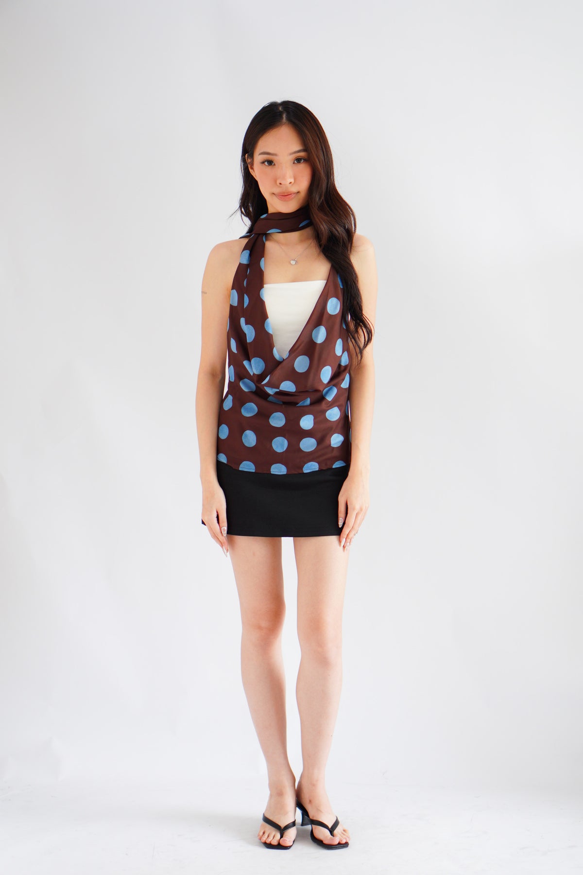 Dimika Polkadot Cowl Neck Choker Top in Brown and Blue