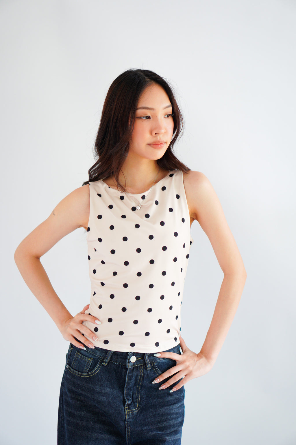 Kolene Polkadot Boat Neck Top in Beige