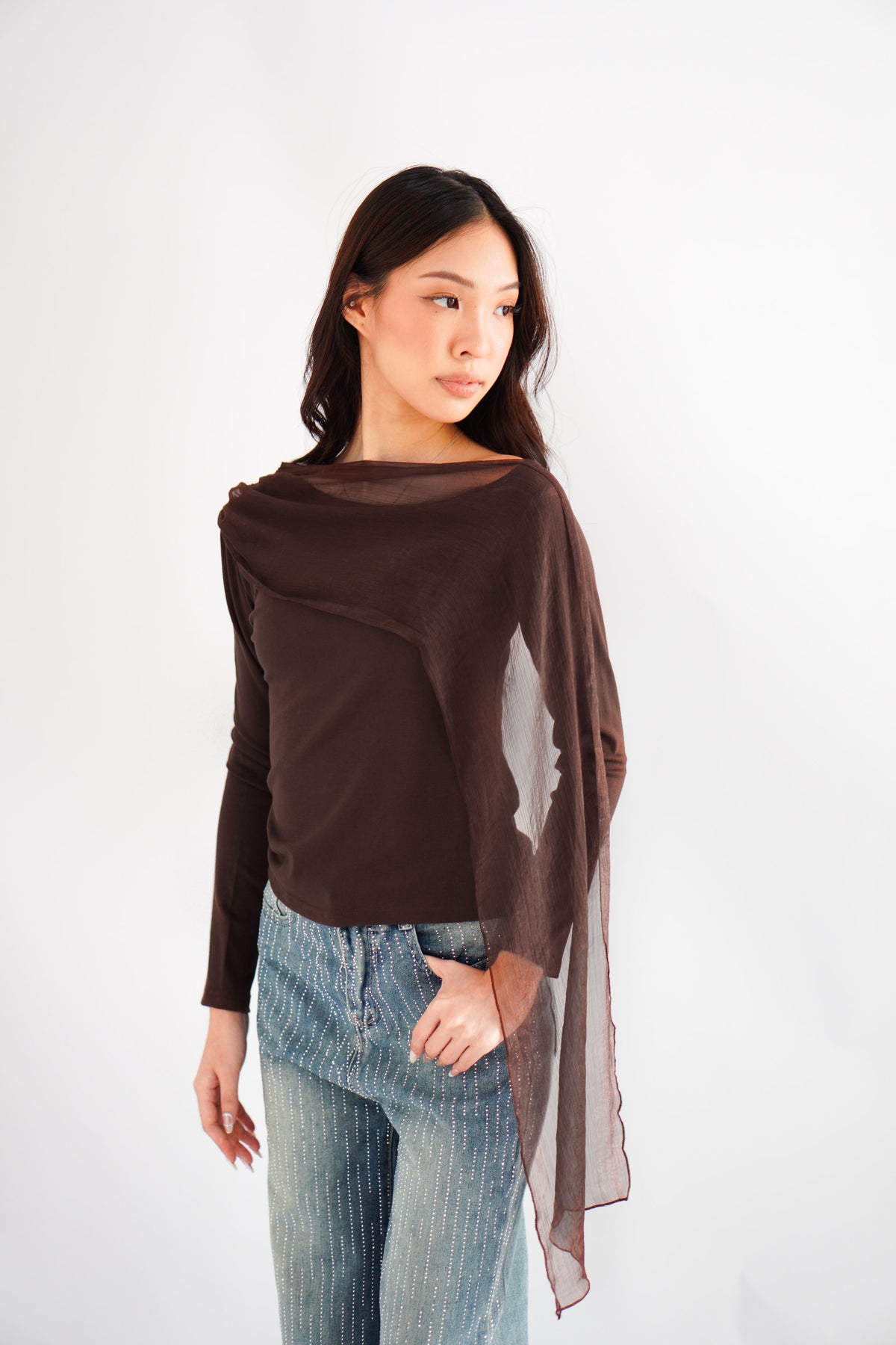 Aubri Cape Boat Neck Long Sleeve Top in Brown