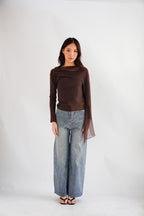 Aubri Cape Boat Neck Long Sleeve Top in Brown