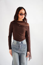 Aubri Cape Boat Neck Long Sleeve Top in Brown