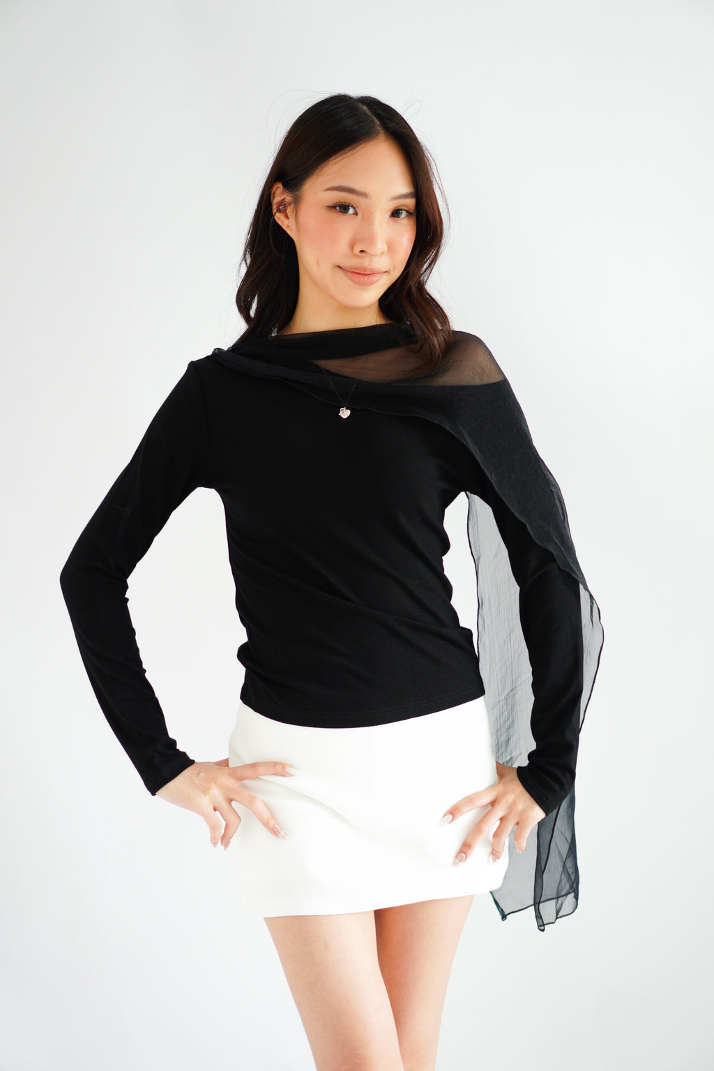 Aubri Cape Boat Neck Long Sleeve Top in Black