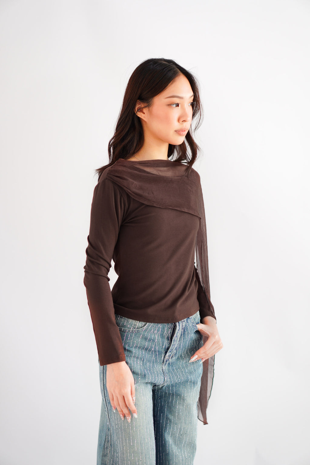 Aubri Cape Boat Neck Long Sleeve Top in Brown