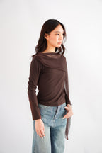 Aubri Cape Boat Neck Long Sleeve Top in Brown