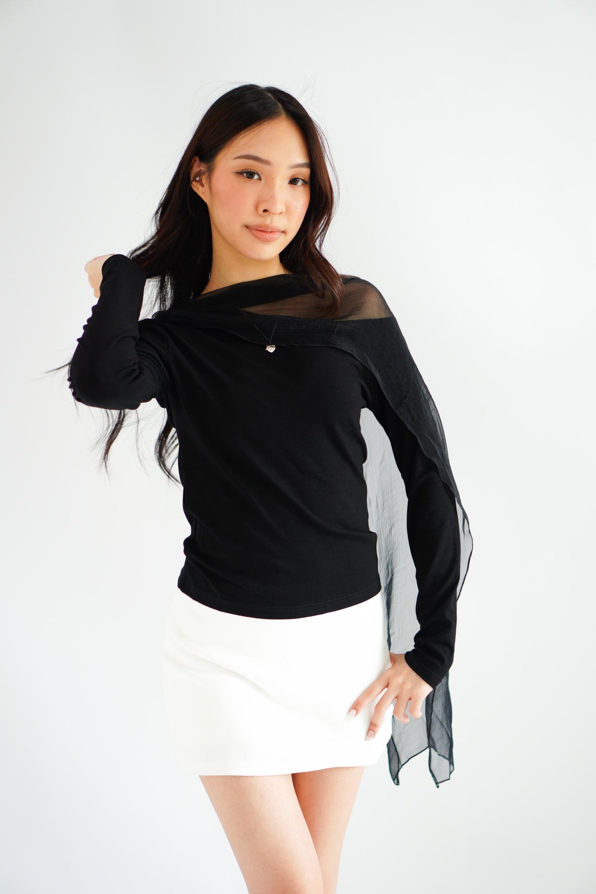 Aubri Cape Boat Neck Long Sleeve Top in Black