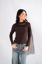 Aubri Cape Boat Neck Long Sleeve Top in Brown