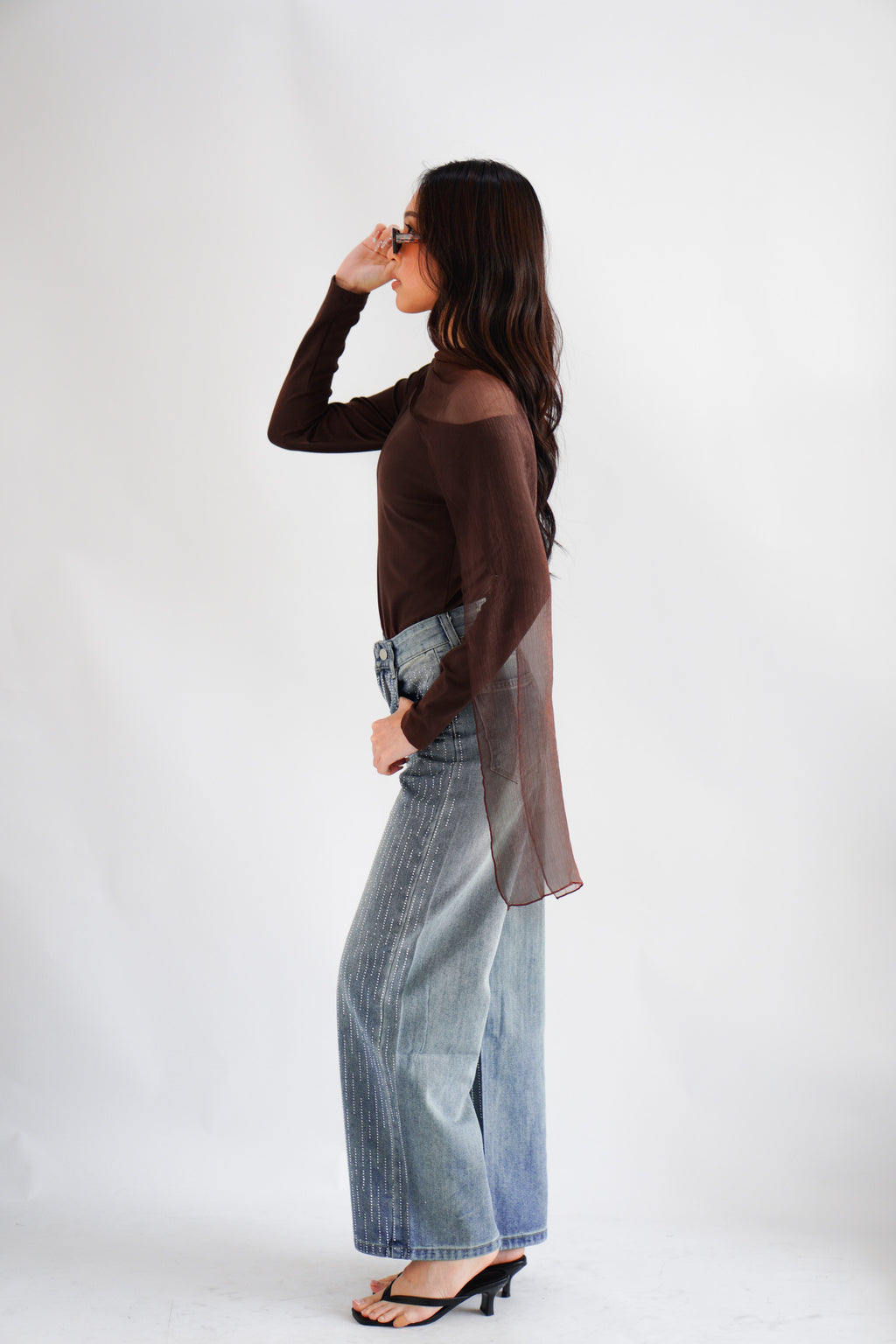 Aubri Cape Boat Neck Long Sleeve Top in Brown