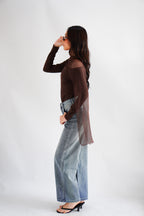 Aubri Cape Boat Neck Long Sleeve Top in Brown