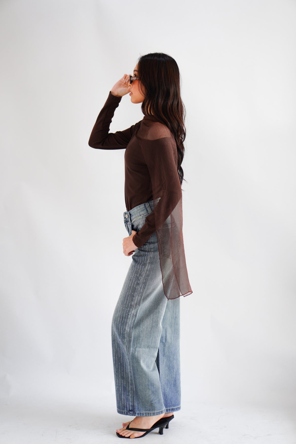 Aubri Cape Boat Neck Long Sleeve Top in Brown