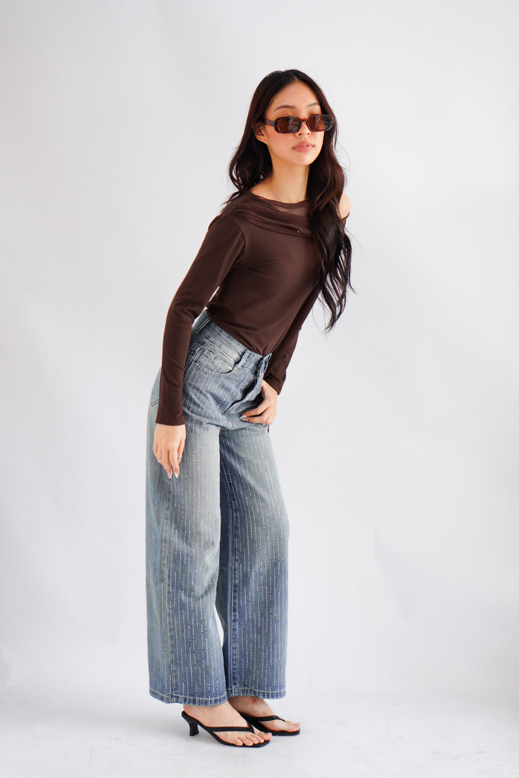 Aubri Cape Boat Neck Long Sleeve Top in Brown