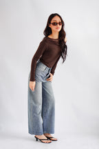 Aubri Cape Boat Neck Long Sleeve Top in Brown