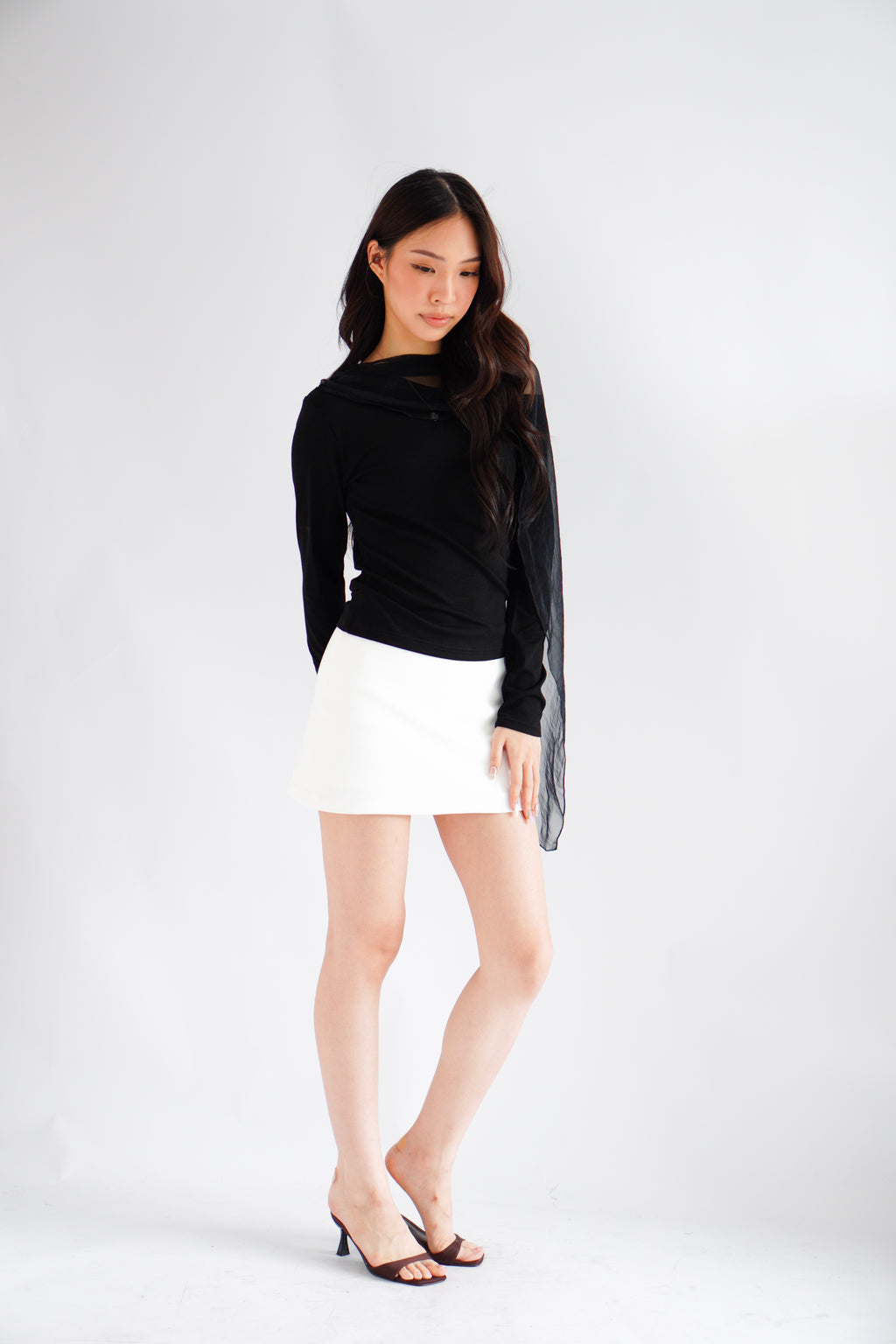 Aubri Cape Boat Neck Long Sleeve Top in Black
