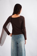Aubri Cape Boat Neck Long Sleeve Top in Brown