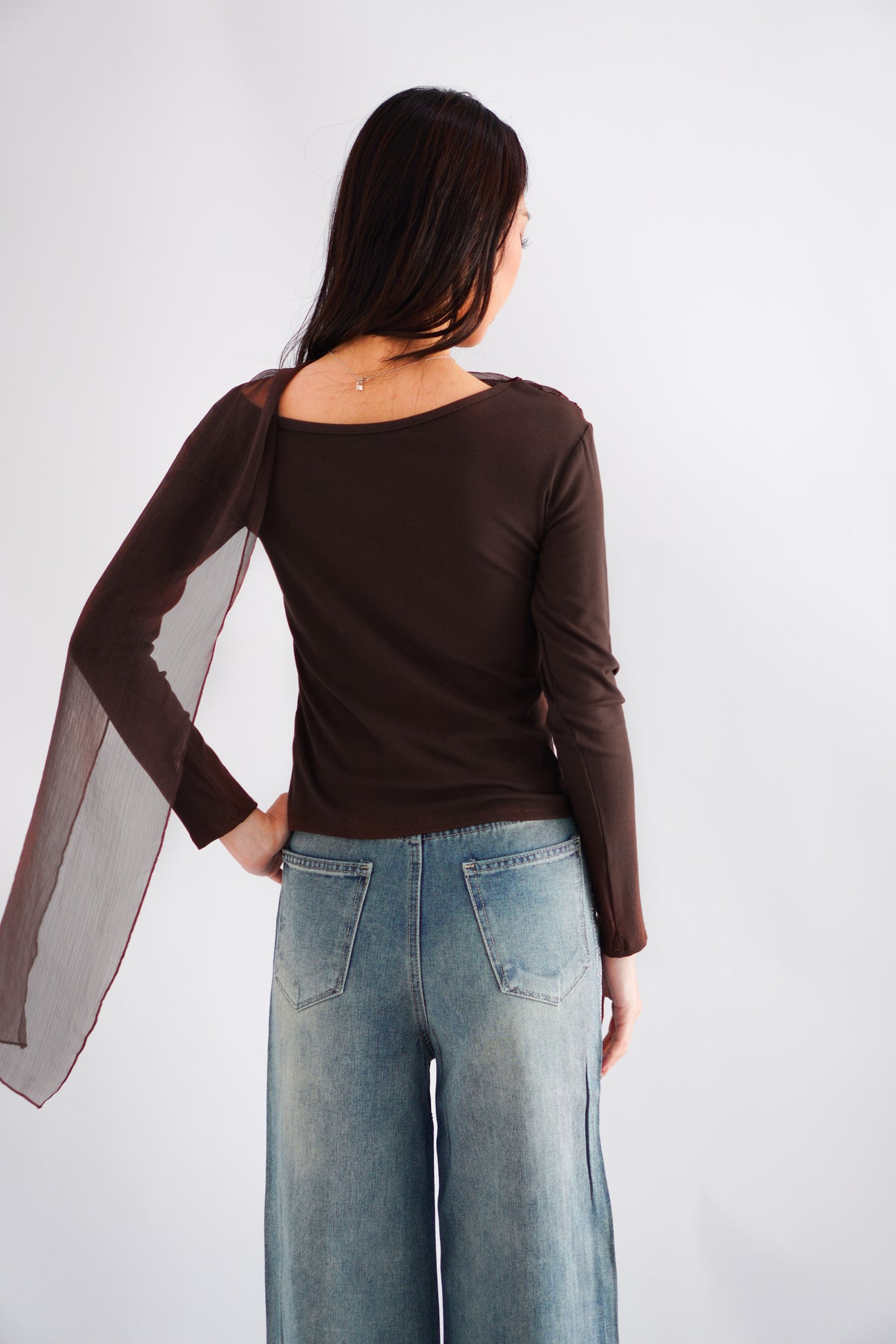 Aubri Cape Boat Neck Long Sleeve Top in Brown