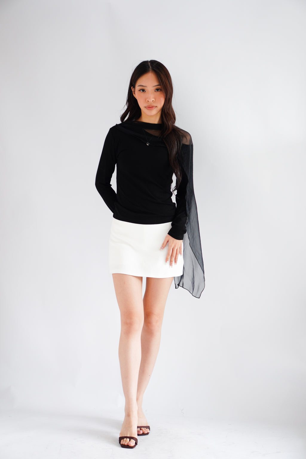 Aubri Cape Boat Neck Long Sleeve Top in Black