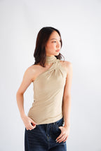 Nadine High Neck Self Tie Choker Top in Green Khaki