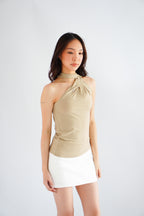 Nadine High Neck Self Tie Choker Top in Green Khaki