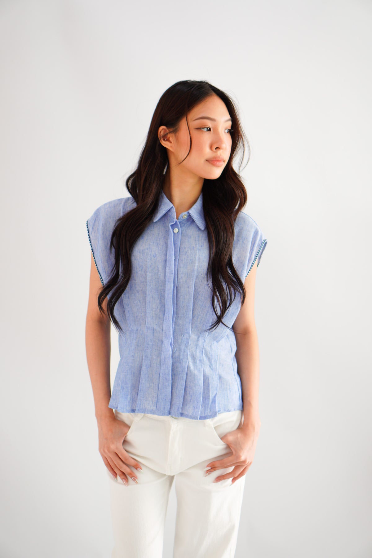 Gracie Collar Button Down Blouse Top in Blue