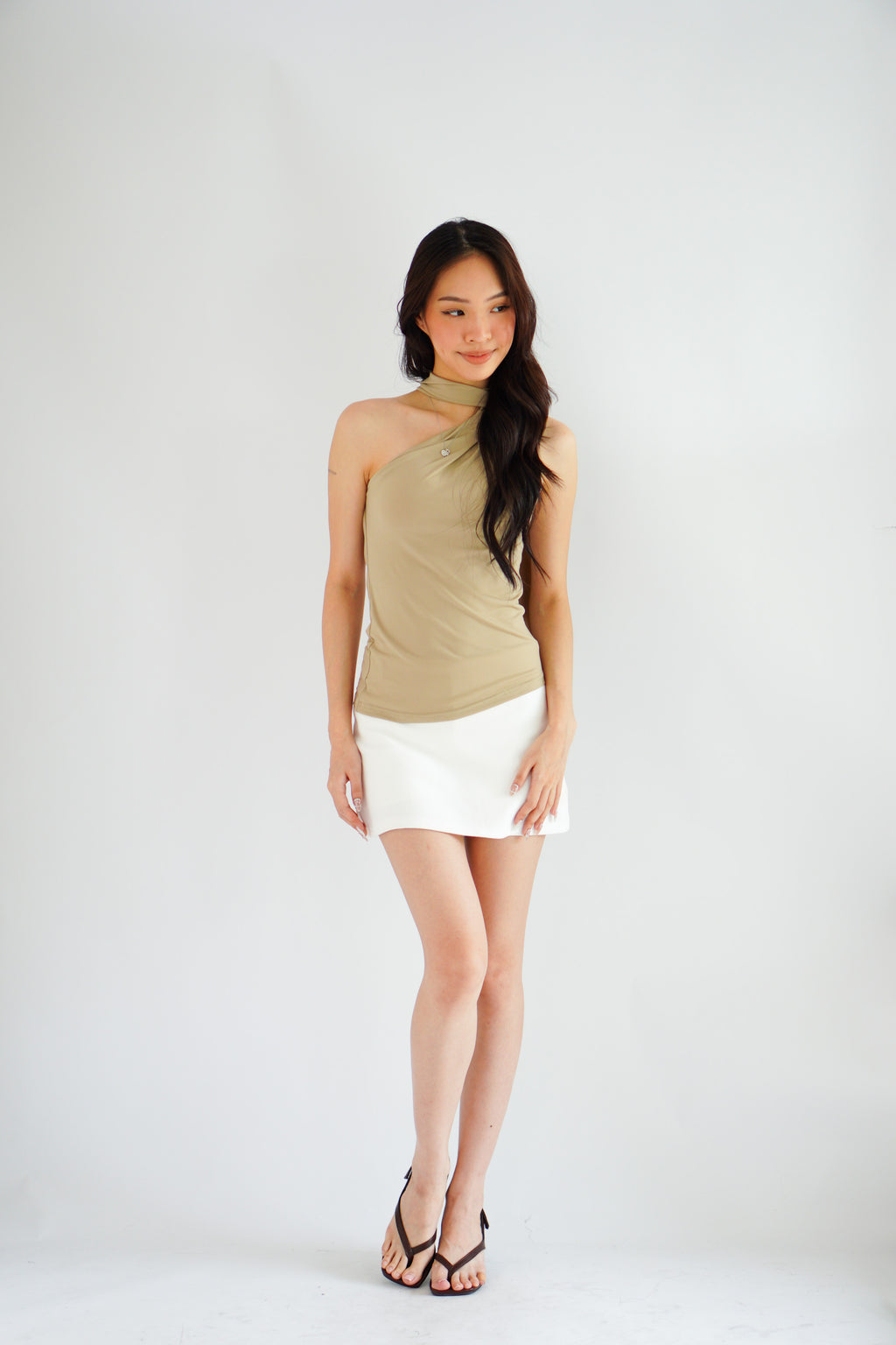 Nadine High Neck Self Tie Choker Top in Green Khaki