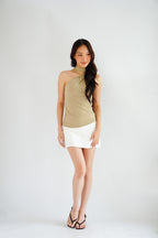 Nadine High Neck Self Tie Choker Top in Green Khaki