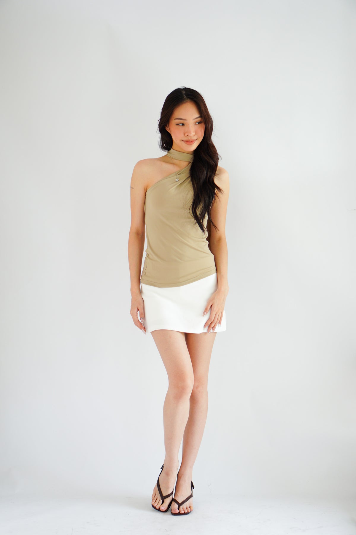Nadine High Neck Self Tie Choker Top in Green Khaki