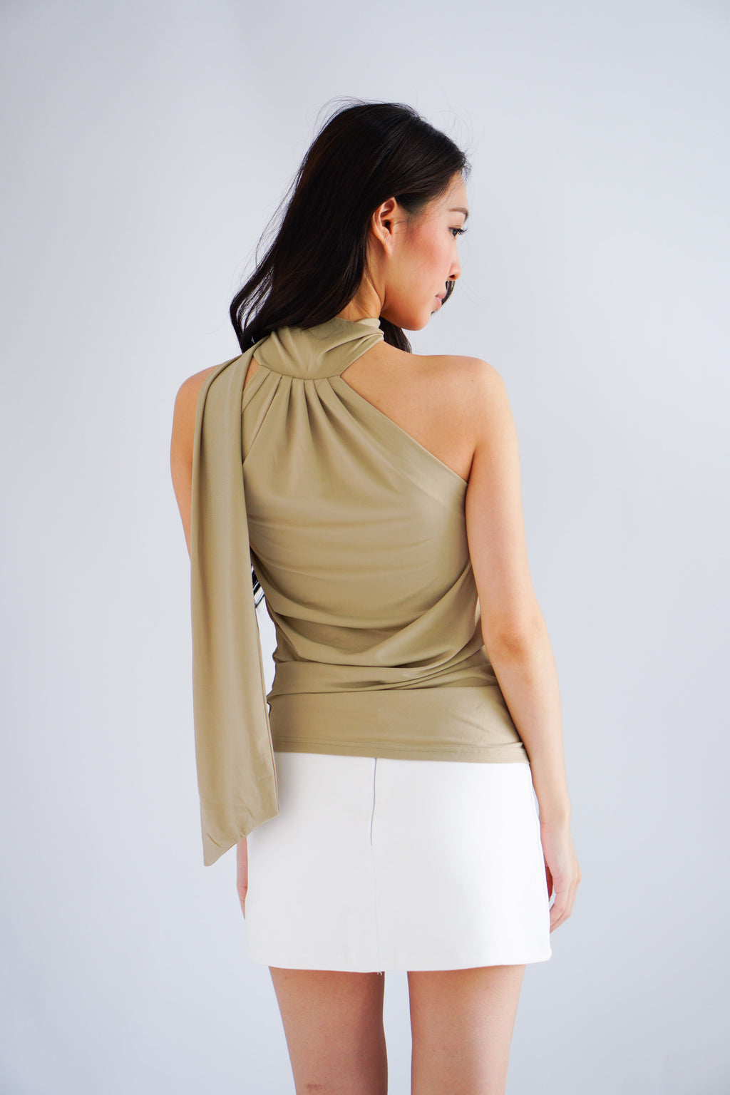 Nadine High Neck Self Tie Choker Top in Green Khaki