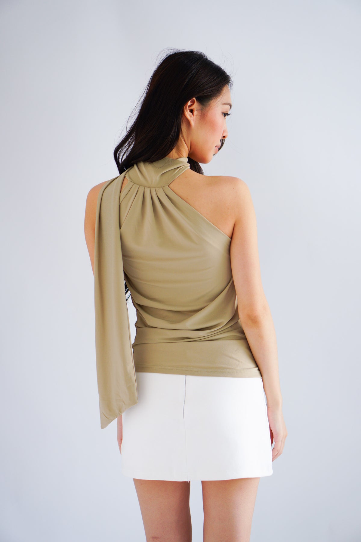Nadine High Neck Self Tie Choker Top in Green Khaki