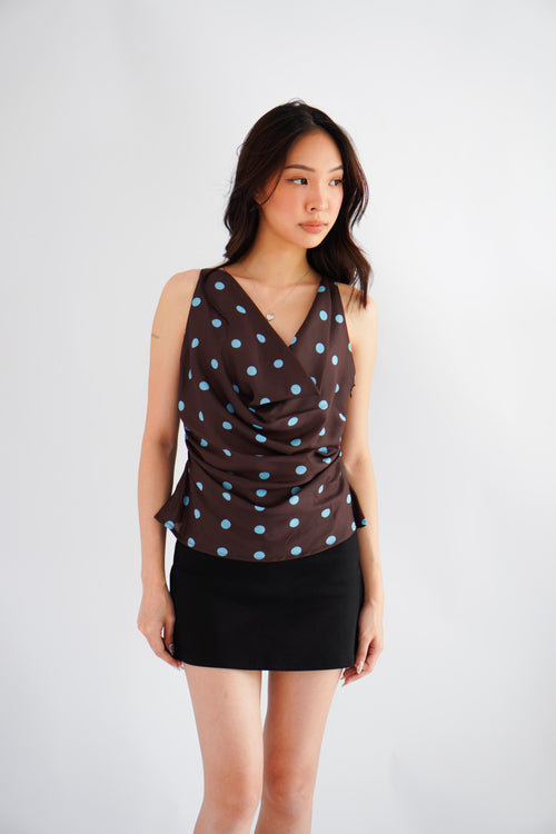 Monique Polkadot Cowl Neck Top in Brown and Blue