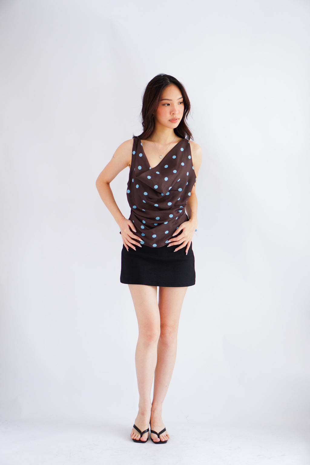 Monique Polkadot Cowl Neck Top in Brown and Blue