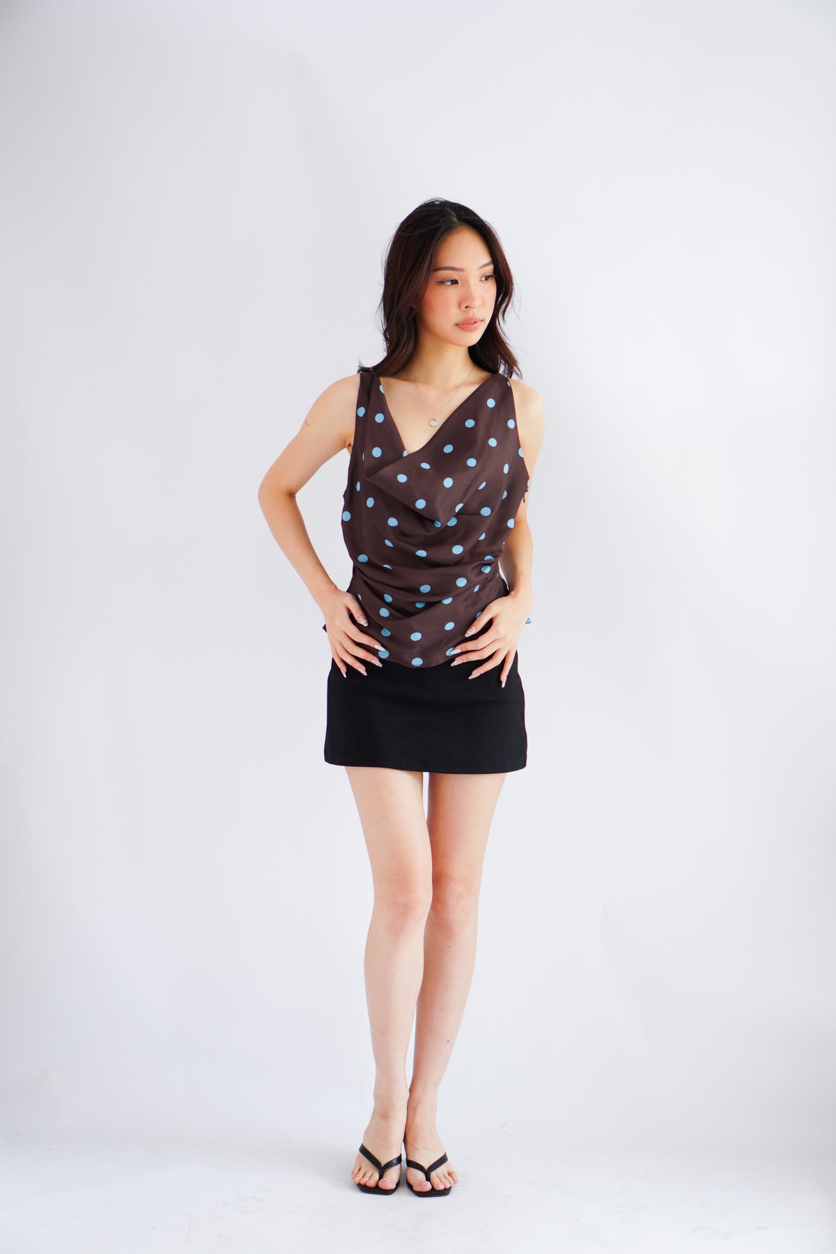Monique Polkadot Cowl Neck Top in Brown and Blue