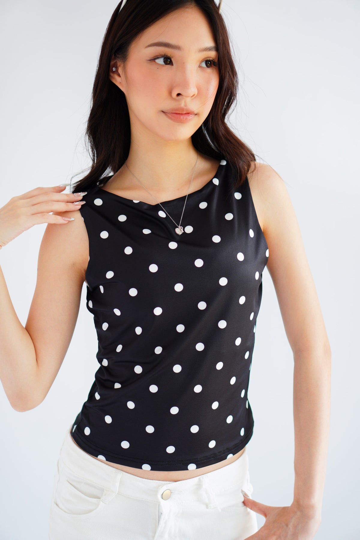 Kolene Polkadot Boat Neck Top in Black