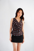 Monique Polkadot Cowl Neck Top in Brown and Blue